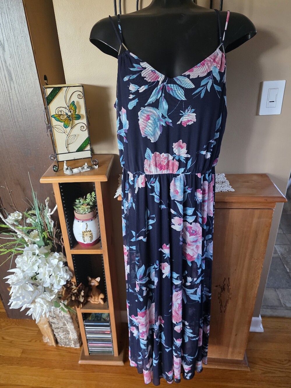 Garden Party Navy Floral Sheer Mesh Overlay Maxi Dress with Pink & Teal Blooms